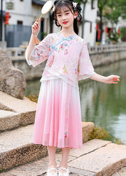 Beautiful Pink Embroidered Patchwork Button Chiffon Kids Long Dresses Half Sleeve