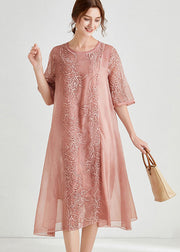 Beautiful Pink Embroidered Patchwork Chiffon Dress Half Sleeve