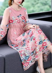 Beautiful Pink Embroidered Tie Waist Hollow Out Tulle Party Dress Summer