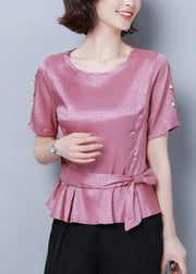 Beautiful Pink O-Neck Cinched Silk Shirt Summer