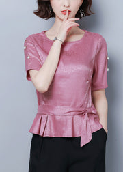 Beautiful Pink O-Neck Cinched Silk Shirt Summer