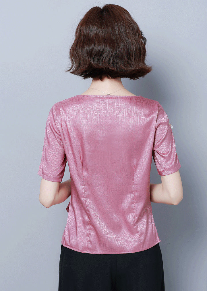 Beautiful Pink O-Neck Cinched Silk Shirt Summer