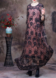 Beautiful Pink O-Neck Embroidered Lace Holiday Long Dress Long Sleeve