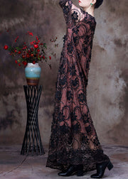 Beautiful Pink O-Neck Embroidered Lace Holiday Long Dress Long Sleeve