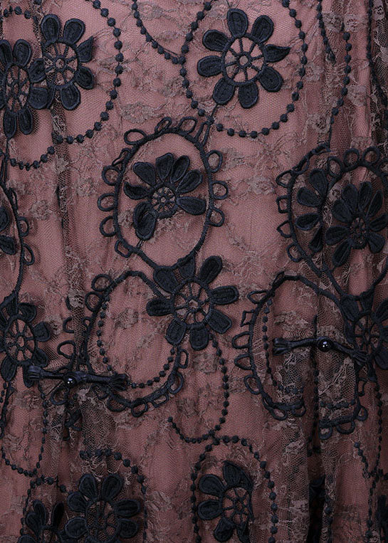 Beautiful Pink O-Neck Embroidered Lace Holiday Long Dress Long Sleeve