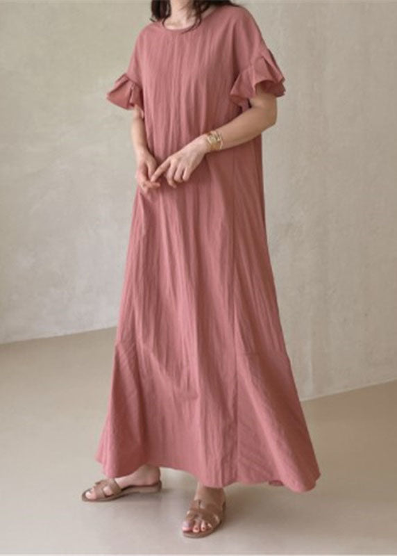 Beautiful Pink O-Neck Ruffled Patchwork Cotton Dresses Summer