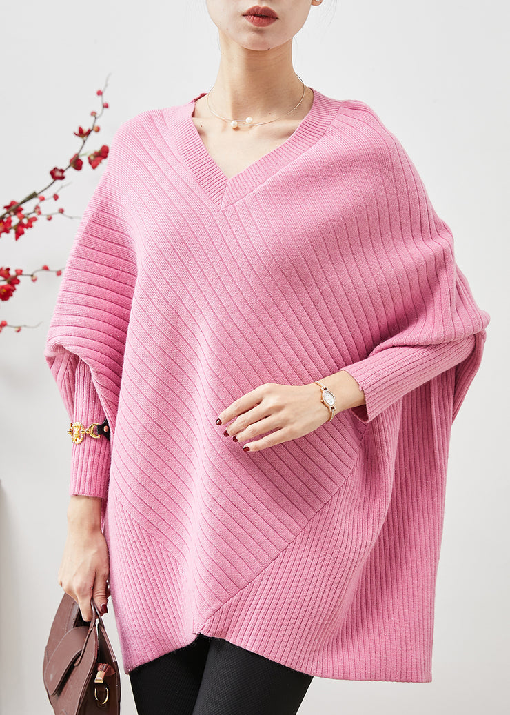 Beautiful Pink Oversized Patchwork Knit Top Batwing Sleeve