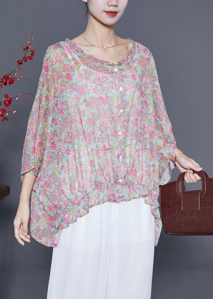 Beautiful Pink Oversized Print Wrinkled Shirt Top Summer