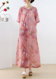 Beautiful Pink Print Oriental asymmetrical Design Summer Ramie Long Dresses - bagstylebliss