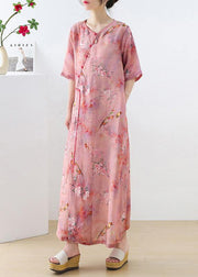 Beautiful Pink Print Oriental asymmetrical Design Summer Ramie Long Dresses - bagstylebliss