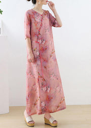 Beautiful Pink Print Oriental asymmetrical Design Summer Ramie Long Dresses - bagstylebliss