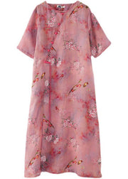 Beautiful Pink Print Oriental asymmetrical Design Summer Ramie Long Dresses - bagstylebliss