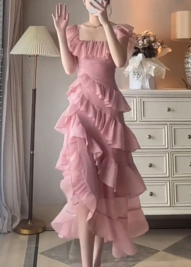 Beautiful Pink Ruffled Asymmetrical Design Patchwork Chiffon Dresses Summer