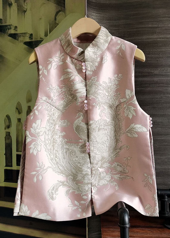 Beautiful Pink Stand Collar Peacock Jacquard Silk Vest Sleeveless