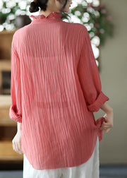 Beautiful Pink Stand Collar Wrinkled Button Linen Shirt Long Sleeve