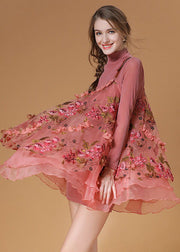 Beautiful Pink Turtle Neck Embroidered Organza Two Pieces Set Spring