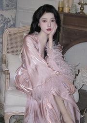 Beautiful Pink V Neck Feather Patchwork Silk Dresses Long Sleeve