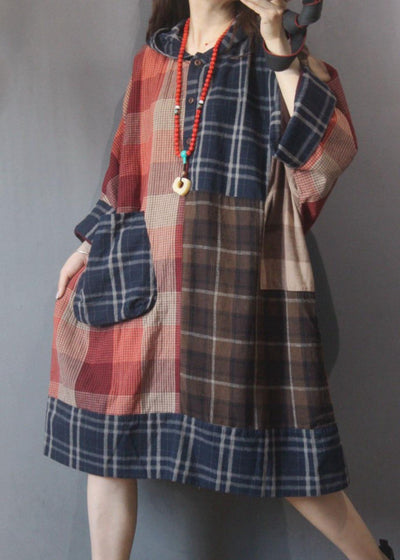 Beautiful Plaid Patchwork hooded Cotton Linen Holiday Dress Summer - bagstylebliss