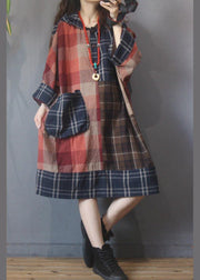 Beautiful Plaid Patchwork hooded Cotton Linen Holiday Dress Summer - bagstylebliss