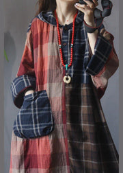 Beautiful Plaid Patchwork hooded Cotton Linen Holiday Dress Summer - bagstylebliss