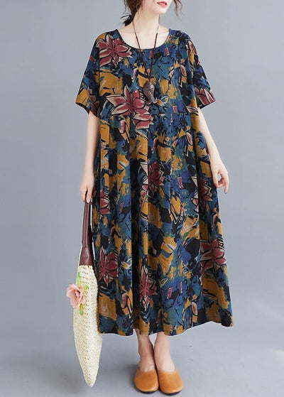 Beautiful Plant printing o neck Cinched Dresses summer Dress - bagstylebliss