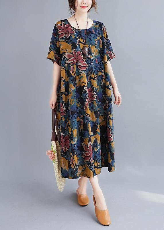 Beautiful Plant printing o neck Cinched Dresses summer Dress - bagstylebliss