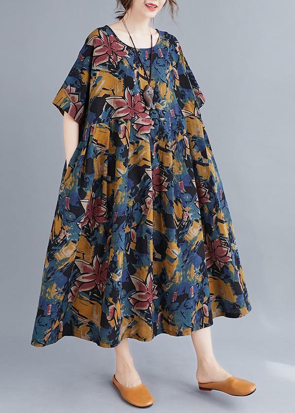 Beautiful Plant printing o neck Cinched Dresses summer Dress - bagstylebliss