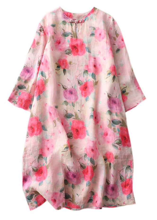 Beautiful Print O-Neck Button Cotton Mid Dress Half Sleeve