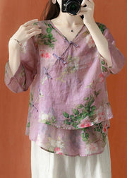 Beautiful Color Asymmetrical Print Linen Blouses Half Sleeve