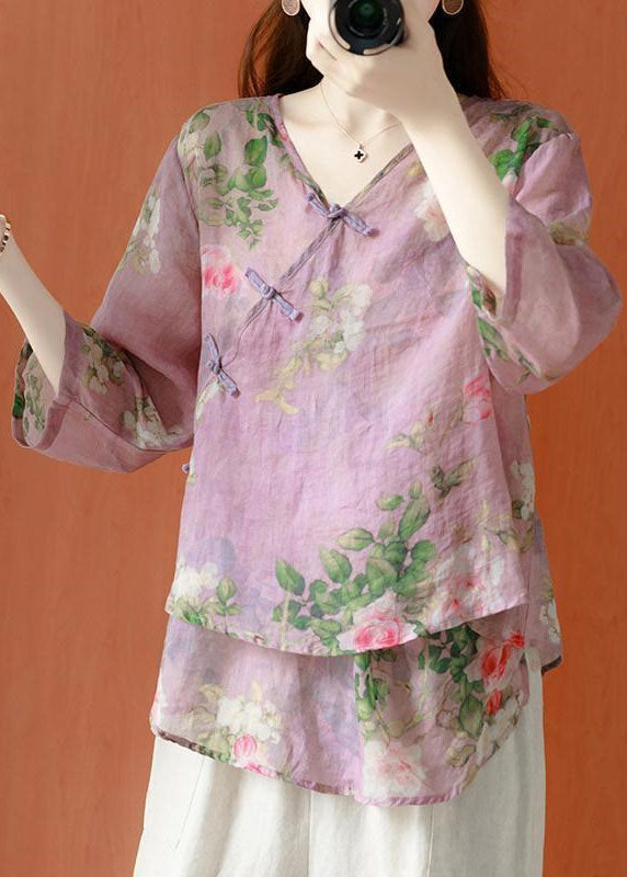 Beautiful Purple polka dots Asymmetrical Print Linen Blouses Half Sleeve