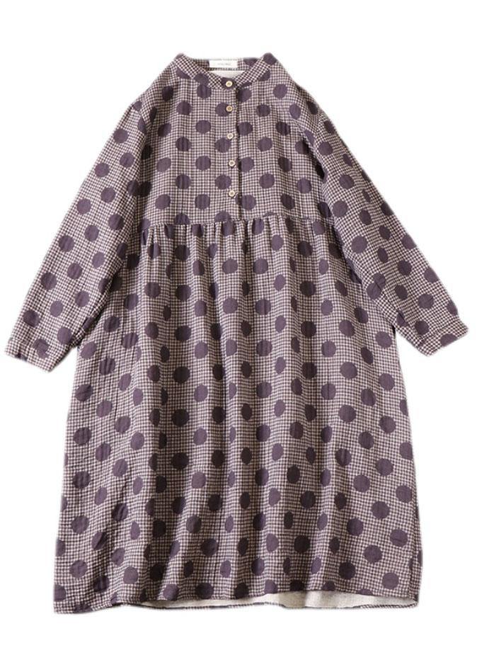 Beautiful Purple Button Patchwork Pockets Fall Print Party Dress Long sleeve - bagstylebliss