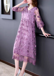 Beautiful Purple O-Neck Embroideried Tulle Long Dresses Half Sleeve