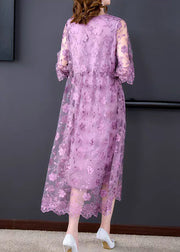 Beautiful Purple O-Neck Embroideried Tulle Long Dresses Half Sleeve