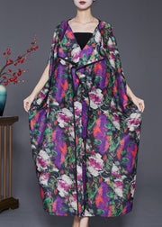 Beautiful Purple Oversized Print Chiffon Long Dresses Batwing Sleeve