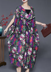 Beautiful Purple Oversized Print Chiffon Long Dresses Batwing Sleeve