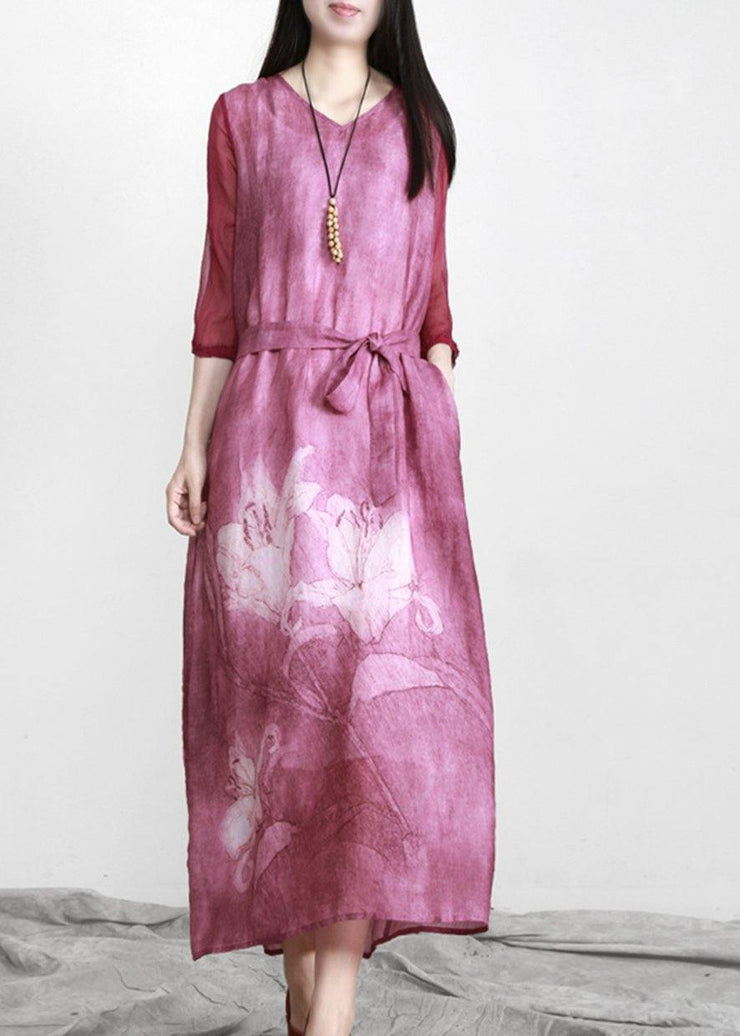 Beautiful Purple Print Linen Tunic Maxi Dresses - bagstylebliss