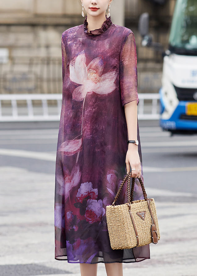 Beautiful Purple Ruffled Lotus Print Patchwork Silk Dress Summer