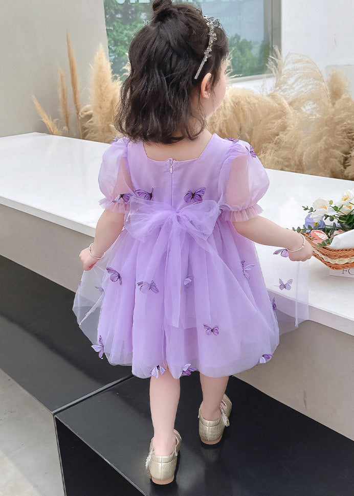 Beautiful Purple Square Collar Floral Solid Tulle Long Dresses Summer