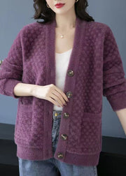 Beautiful Purple V Neck Pockets Patchwork Mink Hair Knitted Coats Fall