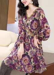 Beautiful Purple V Neck Print Nail Bead Chiffon Mid Dress Spring