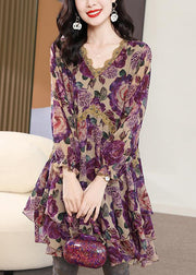 Beautiful Purple V Neck Print Nail Bead Chiffon Mid Dress Spring