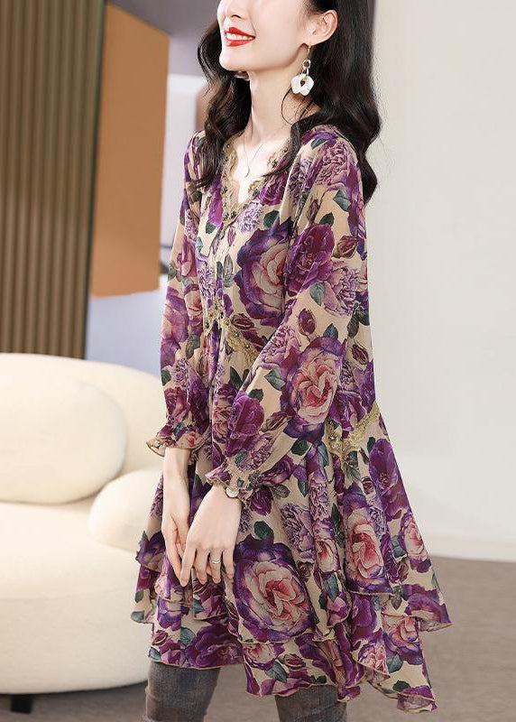 Beautiful Purple V Neck Print Nail Bead Chiffon Mid Dress Spring