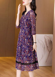 Beautiful Purple V Neck Wrinkled Tulle Patchwork Print Chiffon Dresses Half Sleeve