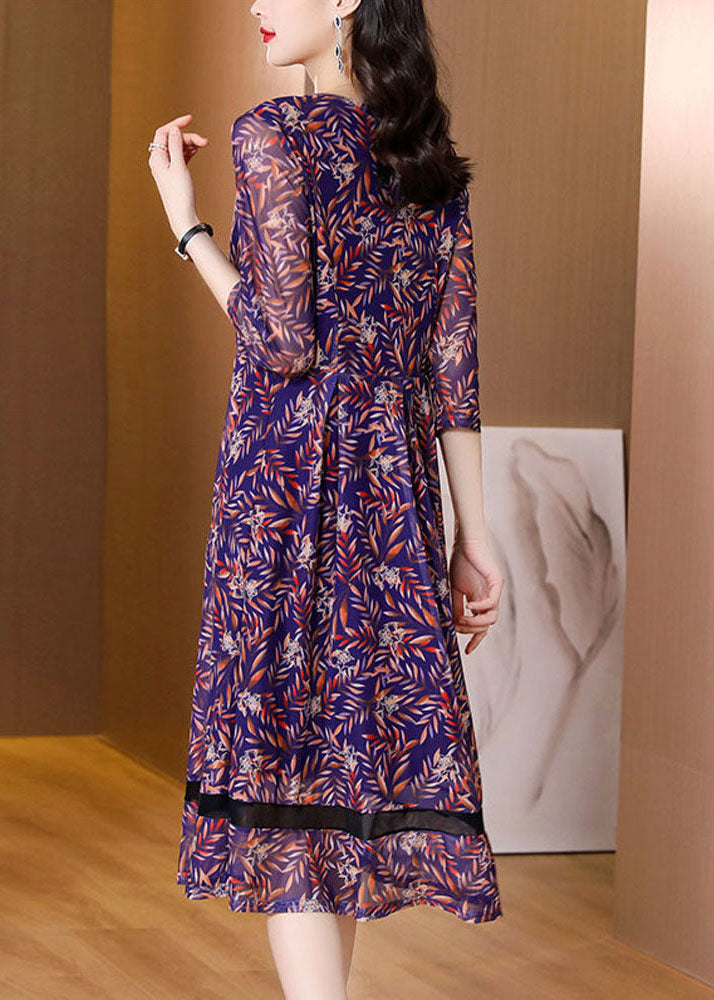 Beautiful Purple V Neck Wrinkled Tulle Patchwork Print Chiffon Dresses Half Sleeve