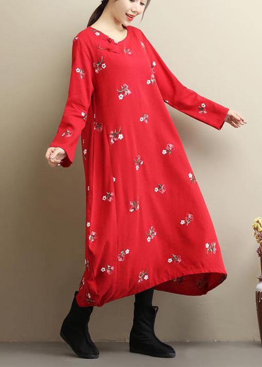 Beautiful Red Embroidery Long Dress O Neck Asymmetric Art Spring Dresses - bagstylebliss