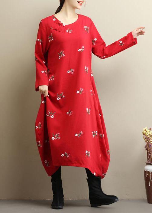 Beautiful Red Embroidery Long Dress O Neck Asymmetric Art Spring Dresses - bagstylebliss