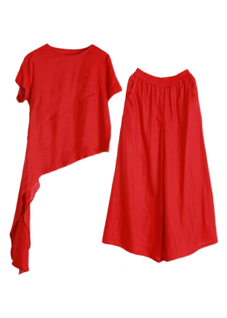 Beautiful Red O-Neck Asymmetrical Linen Top And Pants Two Pieces Sets Summer