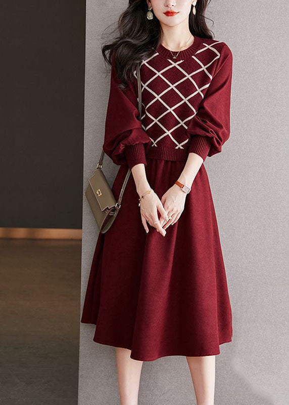 Beautiful Red O Neck False Two Patchwork Wool Dresses Spring