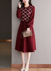 Beautiful Red O Neck False Two Patchwork Wool Dresses Spring