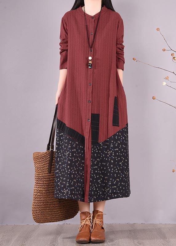 Beautiful Red Patchwork Print Dress O Neck Pockets Traveling Spring Dresses - bagstylebliss